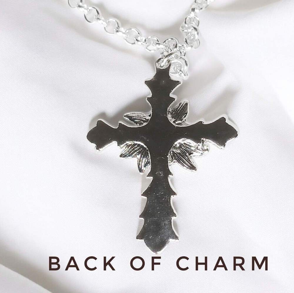 Bold Rose Silver Cross Charm Necklace  New Age Grunge 1990s Whimsygoth 14"-18" L - Picture 7 of 11